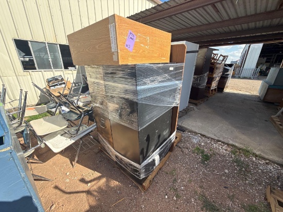 Group of (3) Tables, (2) File Cabinets, (1) Bookcase on Pallet