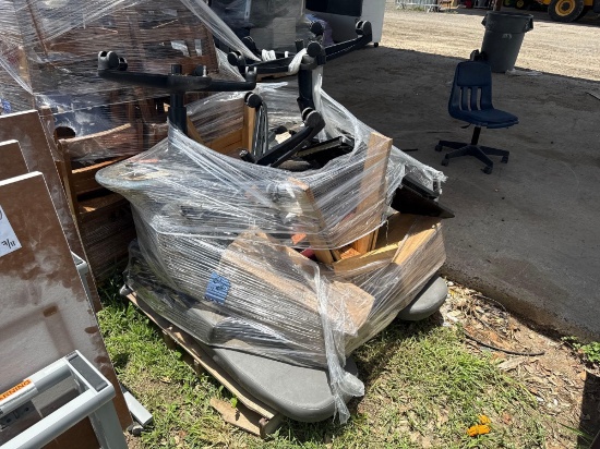 1 Pallet w/ Rolling Chairs, Wooden Bench, Foldable Table, Misc. Items