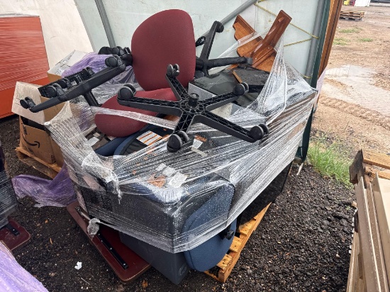 Pallet w/ (1) Mini Fridge, Office Rolling Chairs, Table, Wood Podium Stand, Misc. Items