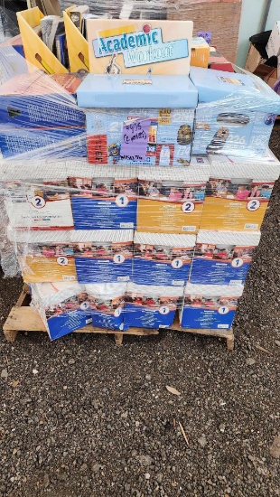 (2) Pallets w/ Academic Workbooks, Reading Workbooks, (2) Tables, Cushioned Chair, Bookshelf