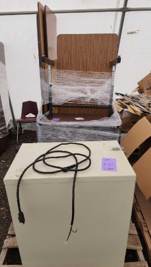 (2) Pallets w/ Commercial Copy Machine, Tables, Small File Cabinet, 3-Prong Electrical Cord