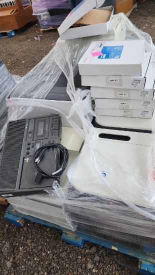 Pallet w/ MOBI Learning Tablets, EIKI Stereo Compact Disc Player Cassette Tape Recorder, etc.