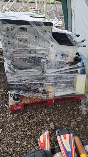 Pallet w/ GE Microwave, Assorted Printers, Document Cameras, Computer Monitors, etc.