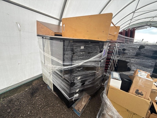 (1) Pallet w/ Filing Cabinets, (1) Table, (2) Book Cases
