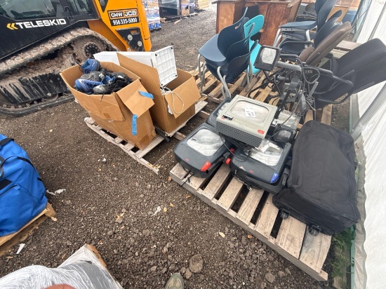 (2) Pallets w/3M Overhead Projectors, Box of Cleats, (3) Vintage Computer Monitors, etc.