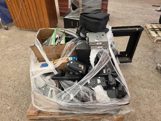 Pallet w/ Walkie Talkies, Desk Phones Document Cameras, Metal Cart, Navigator Access Points, Etc.