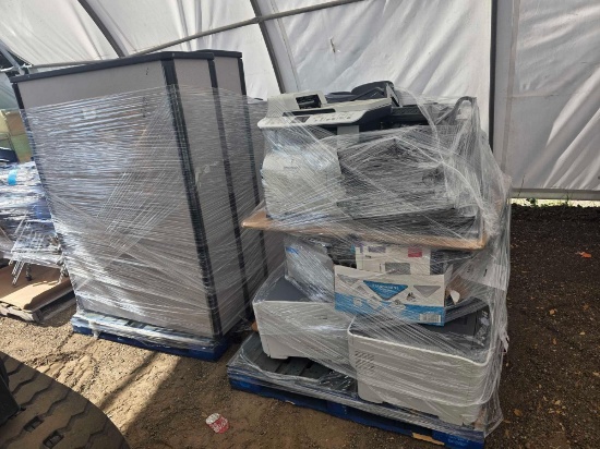 (2) Pallets w/ Printers, Computer Monitors, (3) Bookshelves , Etc.