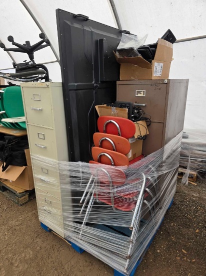 Pallet w/ Plastic Student Chairs, Computer Keyboards, (3) Metal Filing Cabinets, Etc.