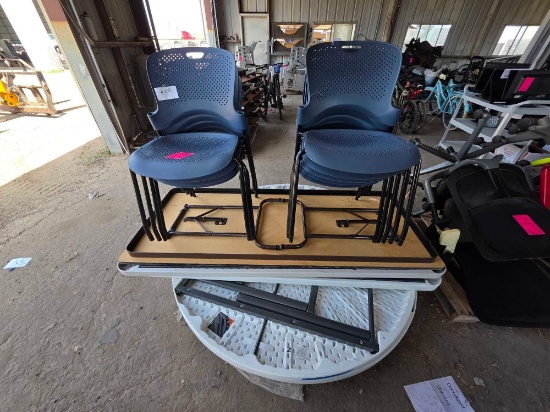 Pallet w/ (2) Round Folding Tables, (2) Rectangle Folding tables, (9) Chairs