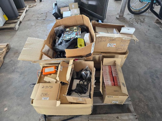 Pallet w/ Box ofMaxellBlank Audio Cassette Tape, Circuit Board,Etc.