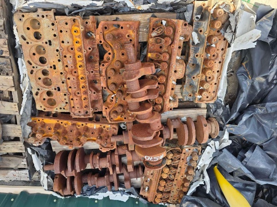 Pallet of Vintage Cylinder Heads, Crankshafts & Engine Parts