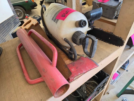 Group of Corded Electric Chainsaw, Manual Fence Post Driver, Hand Saw, Single- Bit Axe, etc.