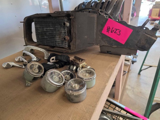 (1) Heater Core/Blower Housing Assembly, Assorted Vintage Dashboard Gauges, etc.