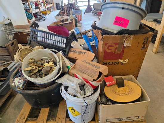 Pallet w/ Assorted Door Hardware, Wheel Rim and Shop Parts