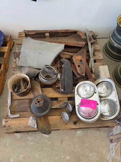 Crate w/Assorted Vintage Automotive Parts and Sealed-Beam Headlights