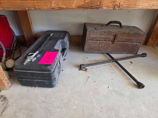 Craftsman 2 Ton Trolley Jack w/Carry Case, Vintage John Deere Toolbox, 4-Way Lug Wrench, etc.
