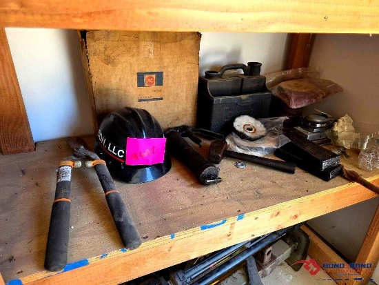 Assorted Shop Tools, Vintage Automotive Parts, and Safety Helmet