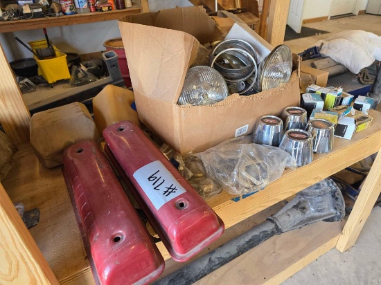 Group w/(2) Steel Engine Valve Covers, (4) Oldsmobile Rally Wheel Caps, Classic Auto Headlights, etc