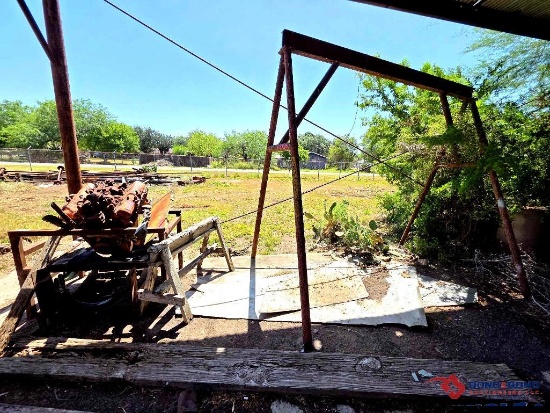 Group of (1) Stationary A-Frame, Engine Block, Misc. Scrap Metal and Wood