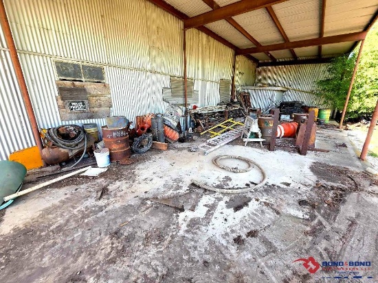 Section of Shop Misc. w/Ladders, Metal Barrels, Scrap Metal, Metal Framing, Cables, Vintage Welder