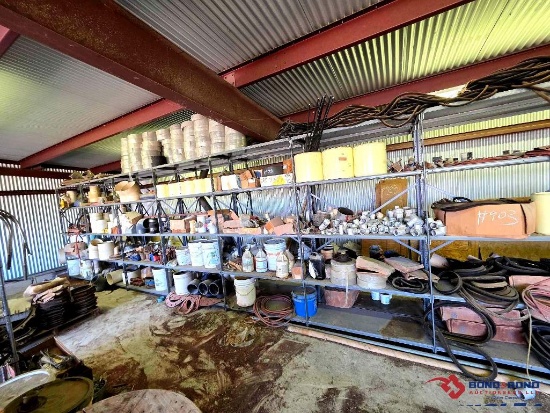 Shelving Racks w/Various Pipe Fittings, Assorted Industrial V-Belts, Hoses, etc.