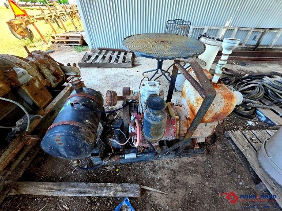 Group w/Industrial Engine, Garden Table, Misc. Bolts, Buckets, Industrial Pump Hoses, etc.