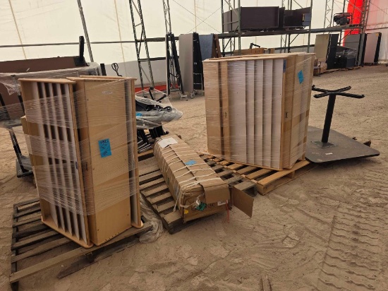 (4) Pallets w/Bookcases, (2) Tables, Misc. Metal Frame Pieces