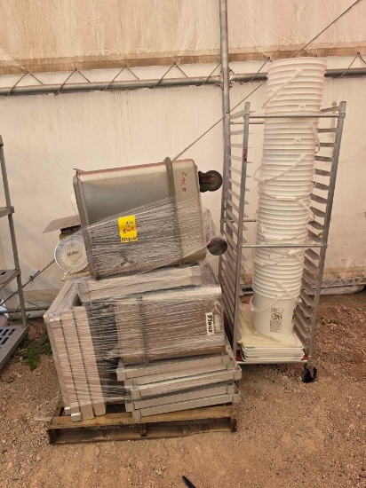 Pallet w/ Sheet Pan Rolling Cart, White Buckets, Cutting Boards, Etc.