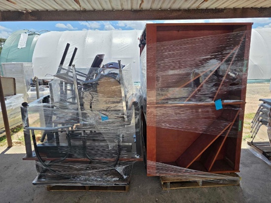 (2) Pallets w/ Rolling Tables, Chairs, (2) Rolling Shelves
