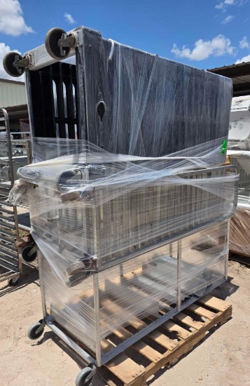 Pallet w/(3) Rolling Commercial Can Storage Racks (1 Black)