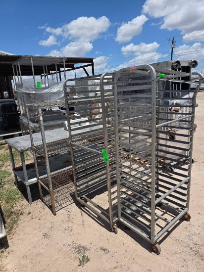 (2) Rolling Sheet Pan Racks, (3) Tier Metal Shelf, (2) Tier Metal Table, Small Metal Rectangle Pans