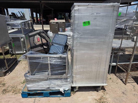 Pallet w/ (4) Cooler Bags, Serving Trays, Enclosed Rolling Metal Rack, Etc.