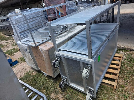 (2) Pallets w/(5) Rolling Racks: Commercial Can Storage Rack, Rubbermaid Serving Racks, Metal Servin
