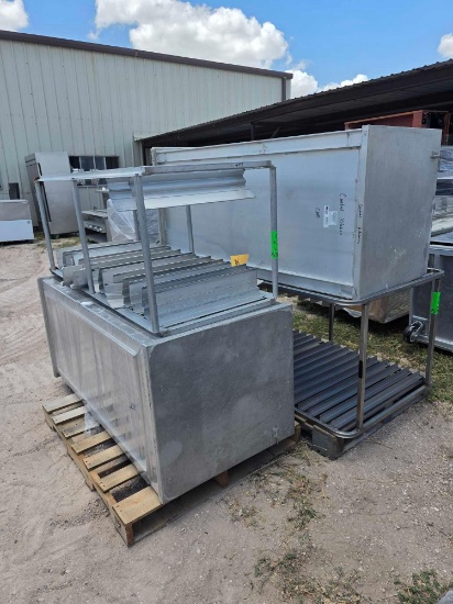 (2) Pallets w/ (2) Metal Serving Tray Racks, (2) Metal Enclosed Serving Tray Racks
