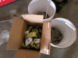 BOX OF RATCHET STRAPS & 2 BUCKETS MISC BOLTS