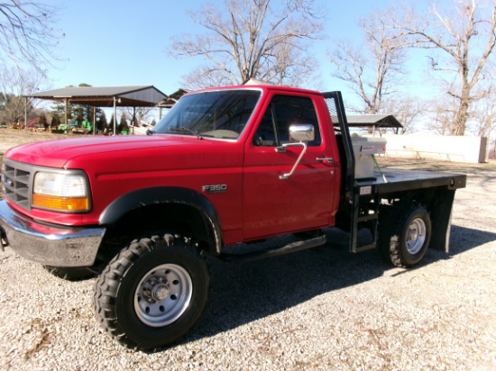 1994 FORD F350, 4X4, GAS, AUTO TRANS, 8’ JOHNNY GREGORY STEEL BED, GOOSENECK HITCH, 17,185 ACTUAL MI