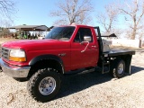 1994 FORD F350, 4X4, GAS, AUTO TRANS, 8’ JOHNNY GREGORY STEEL BED, GOOSENECK HITCH, 17,185 ACTUAL MI