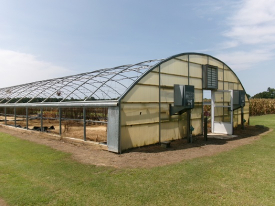 TRANSPLANT 300' X 35' GREENHOUSE WITH HEATERS, FAN, AND MOWER BOOM