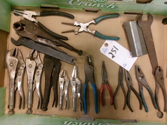 BOX OF VISE GRIPS, PLIERS, ETC