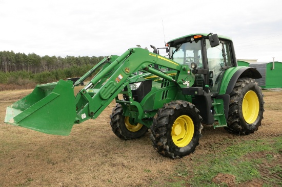 JD 6120M MFWD, DSL, CAB, POWERQUAD TRANS, LH REVERSER, 3 REMOTES SELLS W/ JD 620R LOADER W/ AUXILLAR