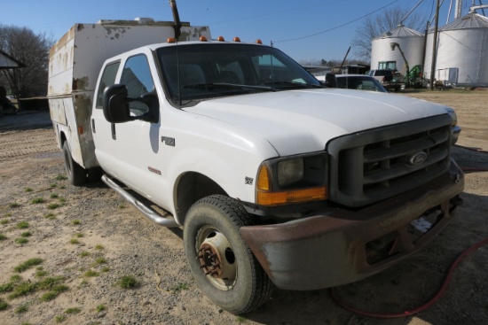 1998 FORD F-350, CREW CAB, V-10 GAS ENG, AUTO TRANS, 138,649 MILES, COVERED SERVICE BODY