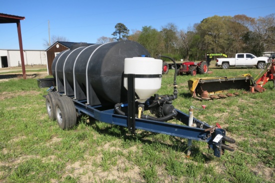 1000-GAL POLY NURSE TANK, TANDEM AXLE, PUMP, CHEMICAL INDUCER (LIKE NEW)