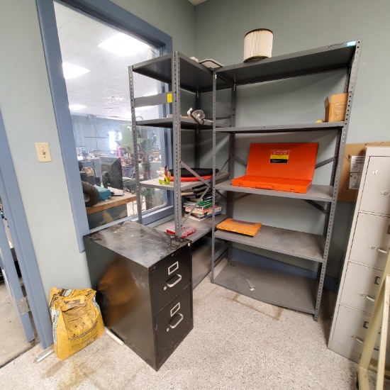 Metal Shelves, Filing Cabinet and Contents
