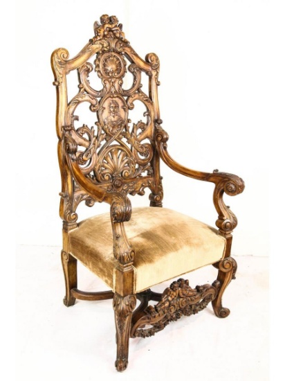 Carved Rococo Cherub Figural Throne Theater Chair