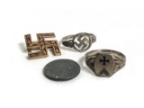 Two WWII Nazi Rings and Enamel Pin