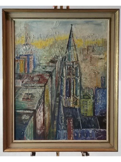 City Roof Tops, Framed Oil on Canvas Board