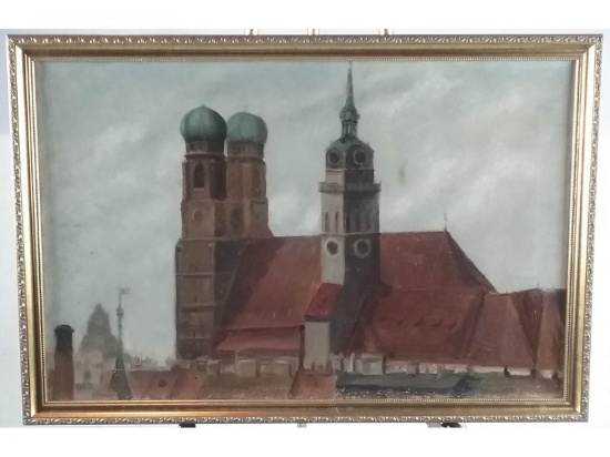 Old Church Painting, Framed Oil on Canvas