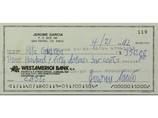 Jerry Garcia Signed Check Ritz Carlton 1992 Art Antiques Collectibles Entertainment Memorabilia Music Memorabilia Other Music Memorabilia Online Auctions Proxibid