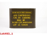 Sealed Tin of 600 Rounds .30 M1 Carbine Ammo