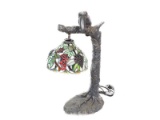 Composition Bird Lamp w/Leaded Stained Glass Shade